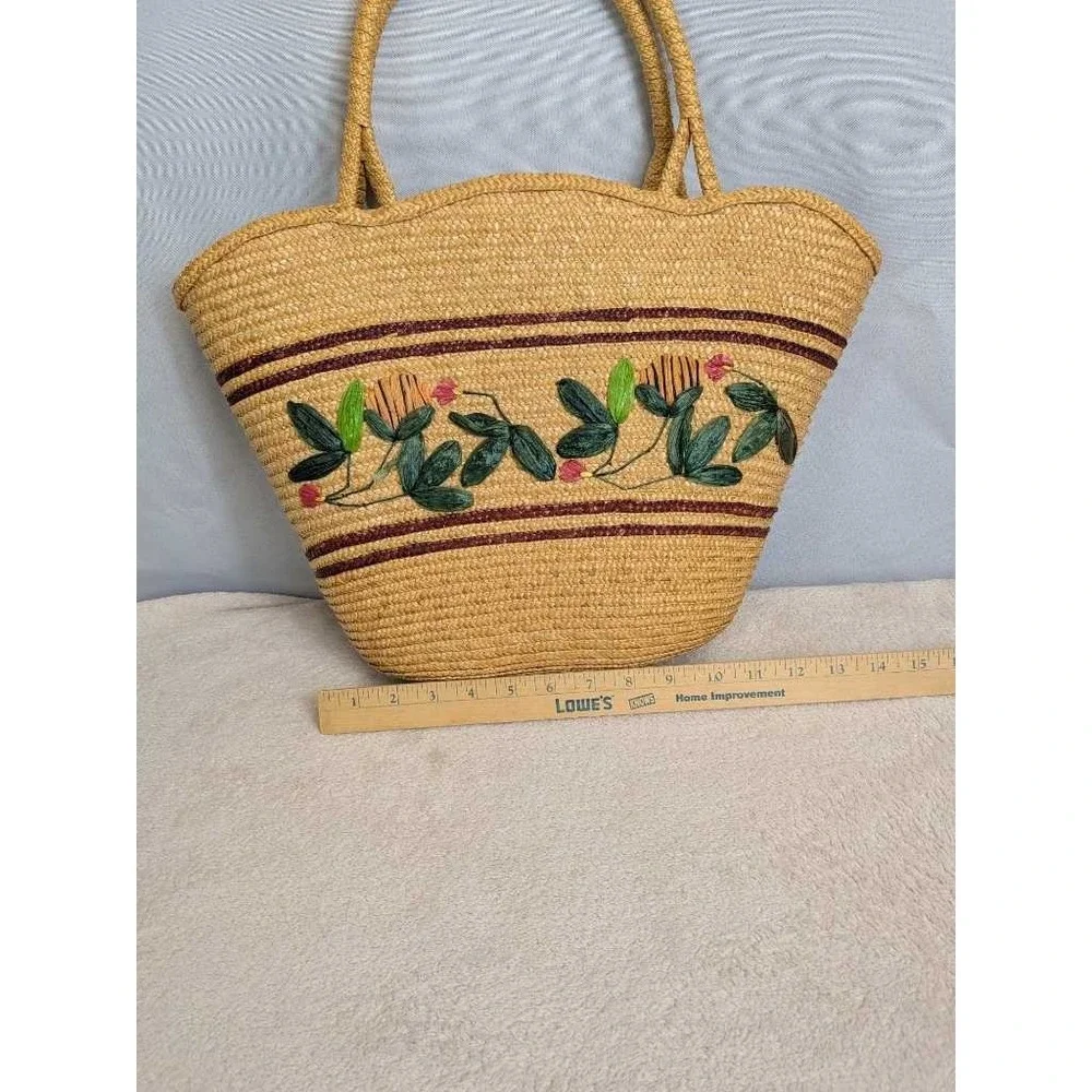 Woven Straw Tote‎ Bag Floral Embroidery Burgundy Stripes Summer Beach Purse